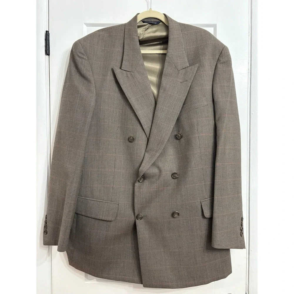 Vintage Burberry Men's Houndstooth‎ Double Breasted Wool Blazer Sport Coat 46 L